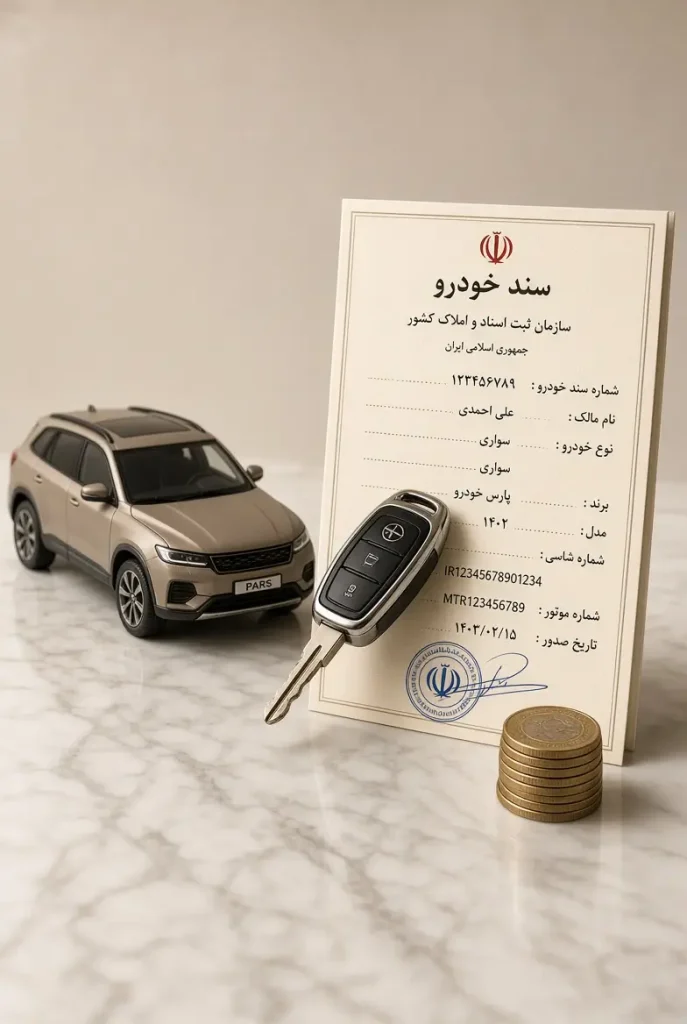 ماکت خودرو، کلید و سند در چیدمان کرم و طلایی